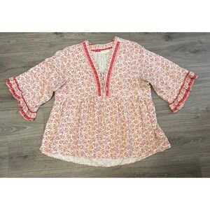 Cynthia Rowley Top 2X Floral Boho Peasant Blouse Bell Sleeve Ruffle Trim Concert